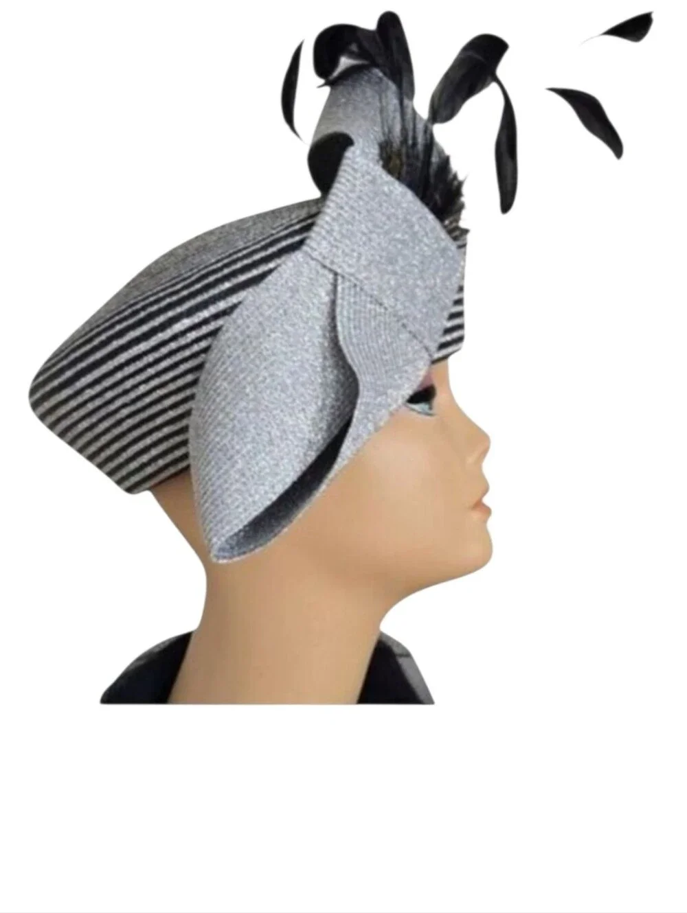 KaKy Co. Black Silver Metallic Beret Hat Bow Feathers